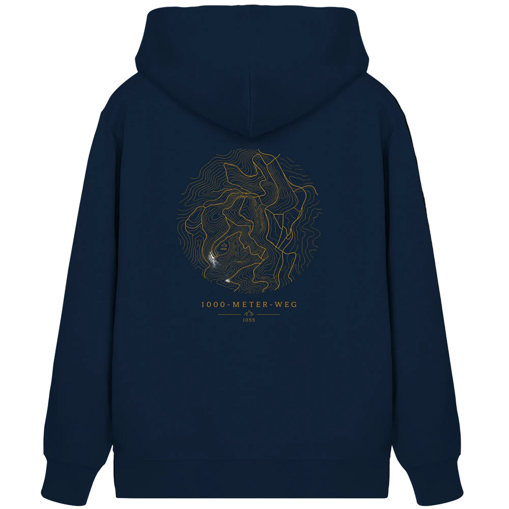 HeimatWald Bio Zip Hoodie – 1000 Meter Weg in Navy – Rückansicht mit 1000-Meter-Weg-Motiv
