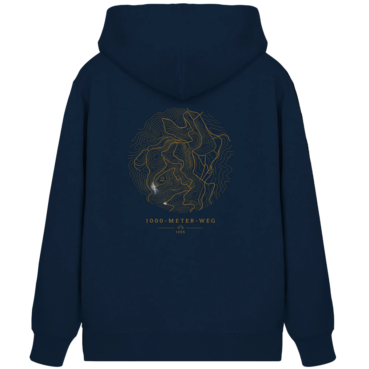 HeimatWald Bio Zip Hoodie – 1000 Meter Weg in Navy – Rückansicht mit 1000-Meter-Weg-Motiv