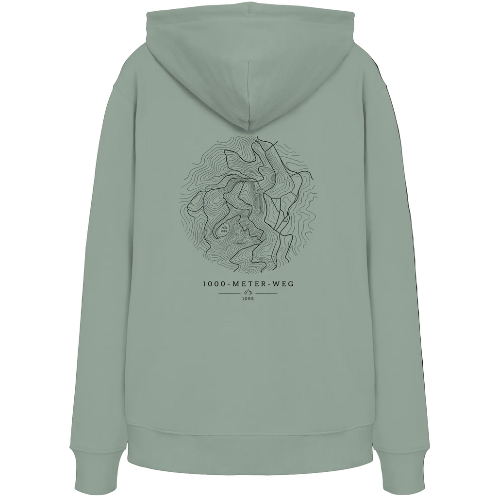 HeimatWald Bio Hoodie – 1000 Meter Weg in Aloe – Rückansicht mit 1000-Meter-Weg-Motiv