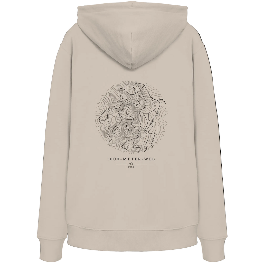 HeimatWald Bio Hoodie – 1000 Meter Weg in Desert Dust – Rückansicht mit 1000-Meter-Weg-Motiv