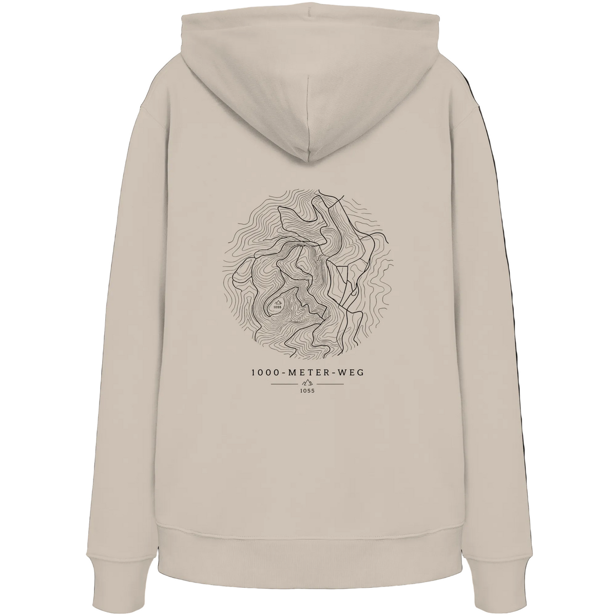 HeimatWald Bio Hoodie – 1000 Meter Weg in Desert Dust – Rückansicht mit 1000-Meter-Weg-Motiv