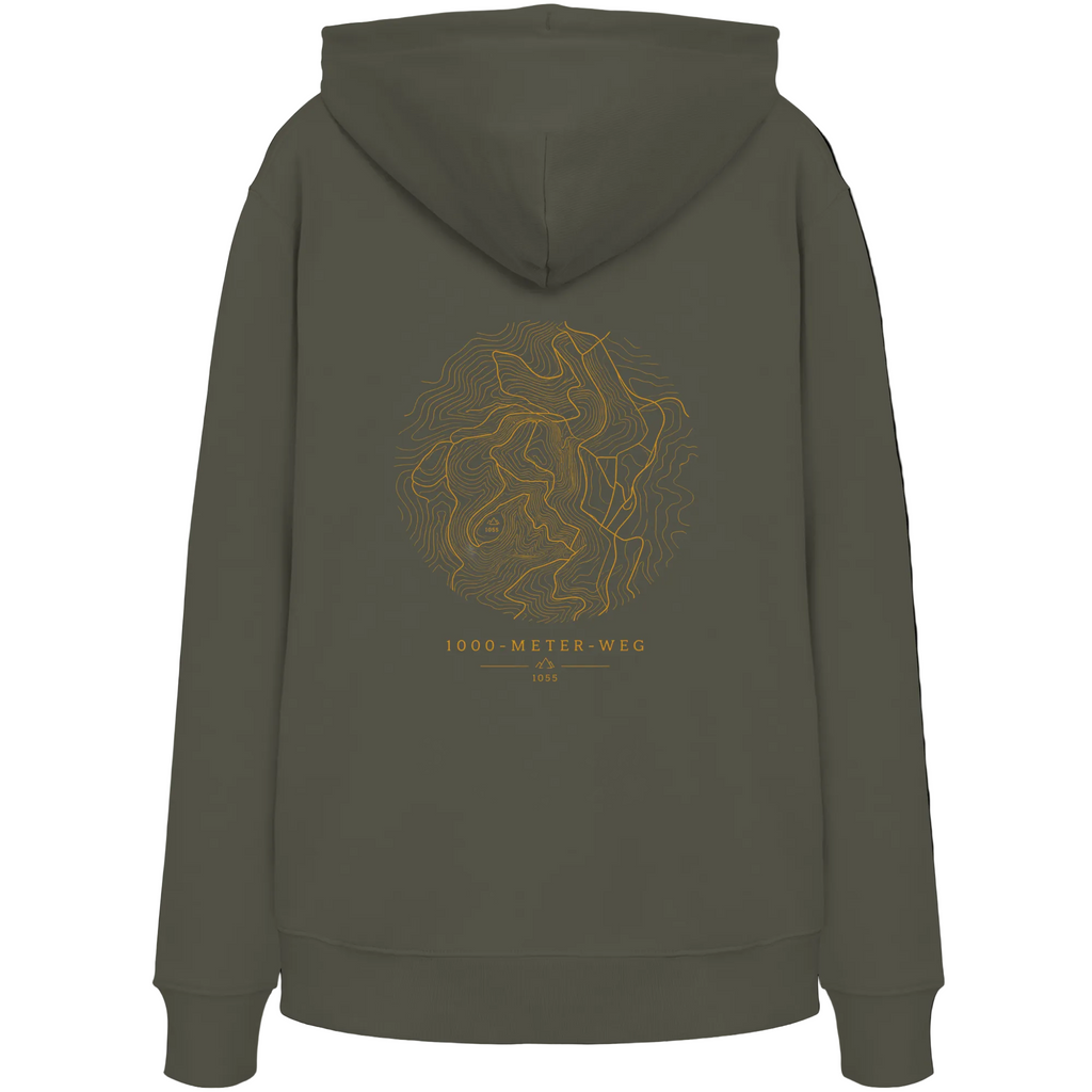 HeimatWald Bio Hoodie – 1000 Meter Weg in Khaki – Rückansicht mit 1000-Meter-Weg-Motiv