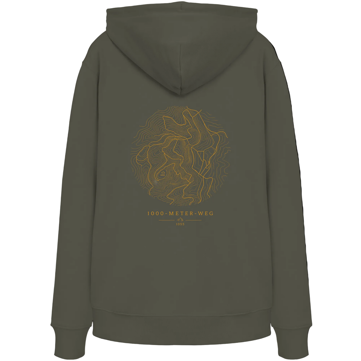 HeimatWald Bio Hoodie – 1000 Meter Weg in Khaki – Rückansicht mit 1000-Meter-Weg-Motiv