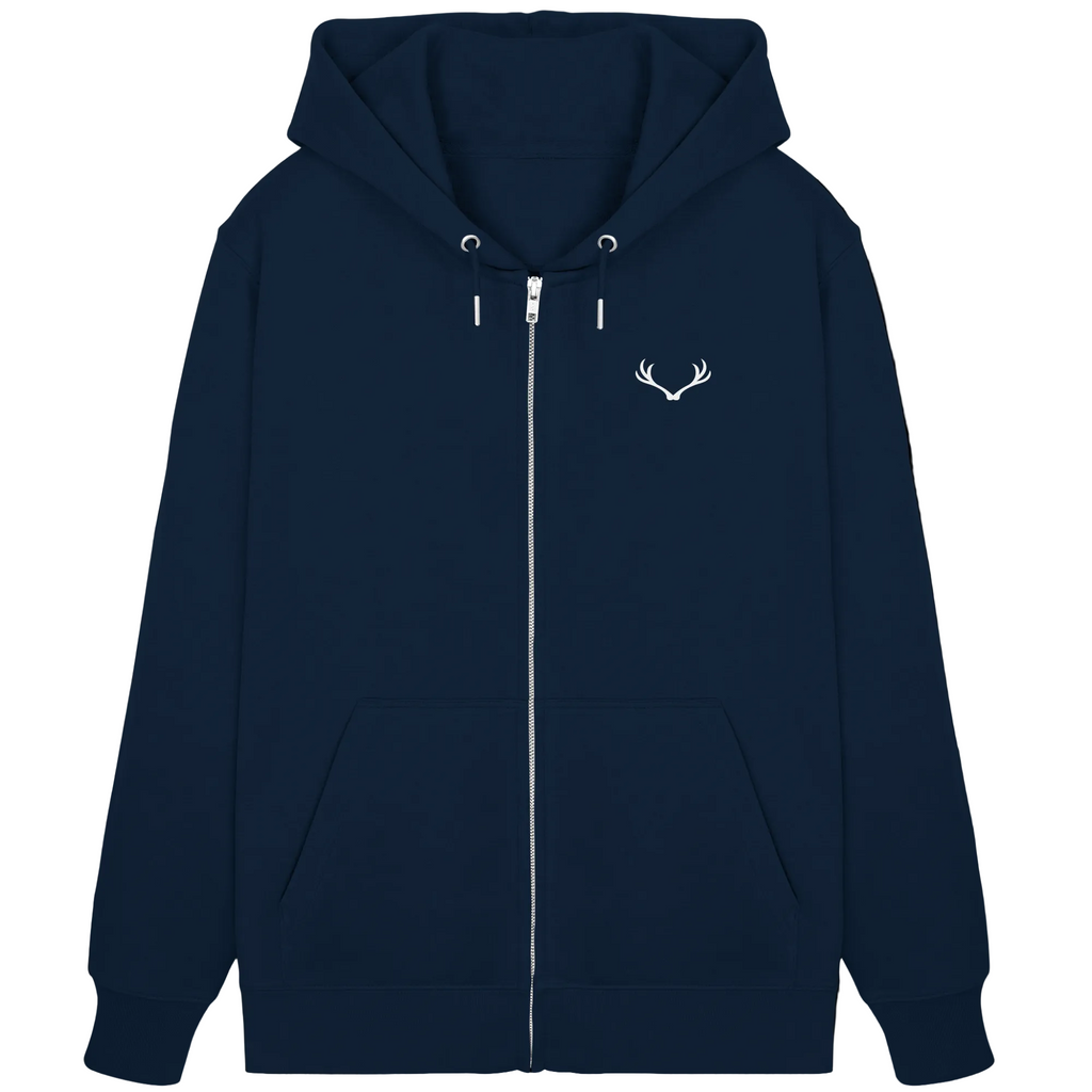 HeimatWald Bio Zip Hoodie – 1000 Meter Weg in Navy – Vorderansicht mit Geweih-Logo