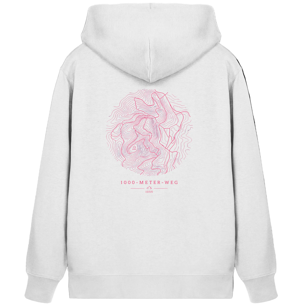 HeimatWald Bio Zip Hoodie – 1000 Meter Weg in Weiß – Rückansicht mit 1000-Meter-Weg-Motiv