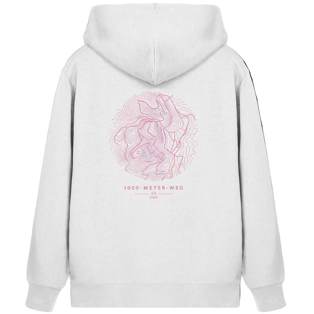 HeimatWald Bio Zip Hoodie – 1000 Meter Weg in Weiß – Rückansicht mit 1000-Meter-Weg-Motiv