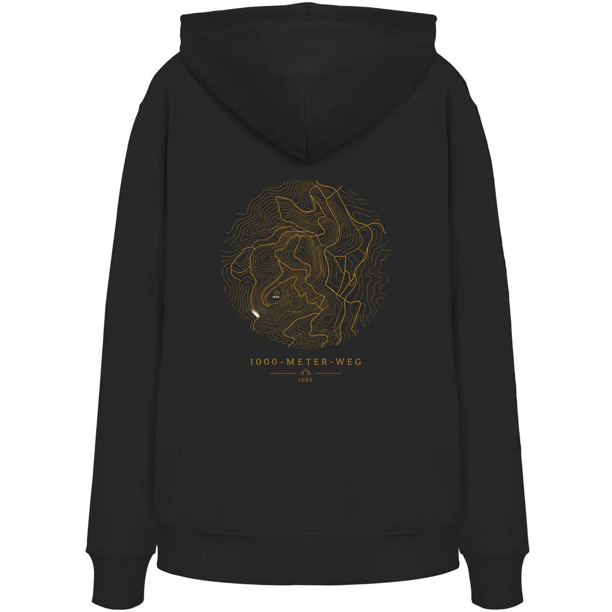 HeimatWald Bio Zip Hoodie – 1000 Meter Weg in Schwarz – Rückansicht mit 1000-Meter-Weg-Motiv