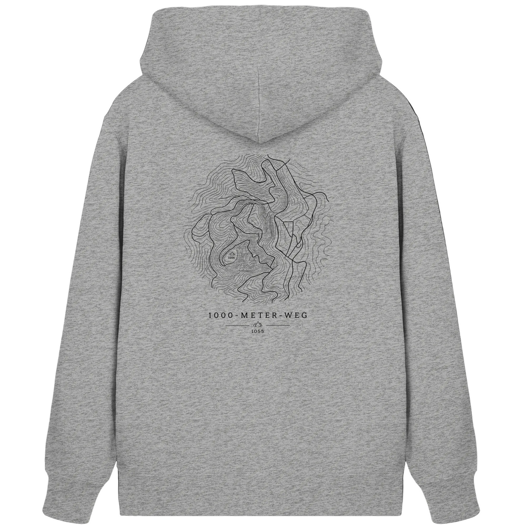 HeimatWald Bio Zip Hoodie – 1000 Meter Weg in Grau – Rückansicht mit 1000-Meter-Weg-Motiv