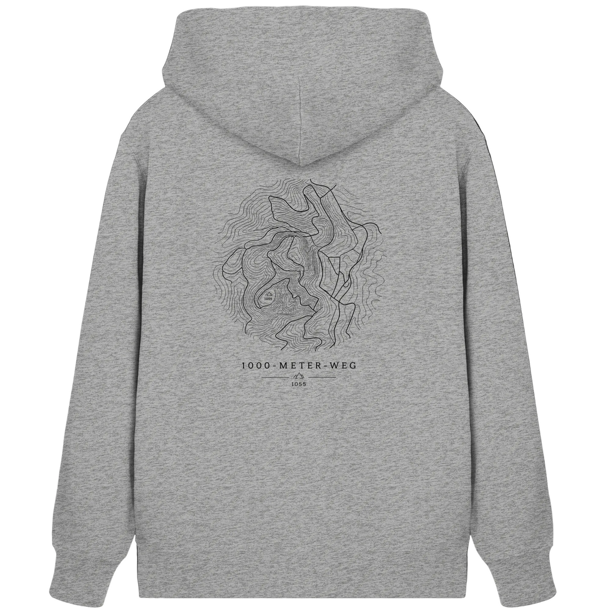 HeimatWald Bio Zip Hoodie – 1000 Meter Weg in Grau – Rückansicht mit 1000-Meter-Weg-Motiv