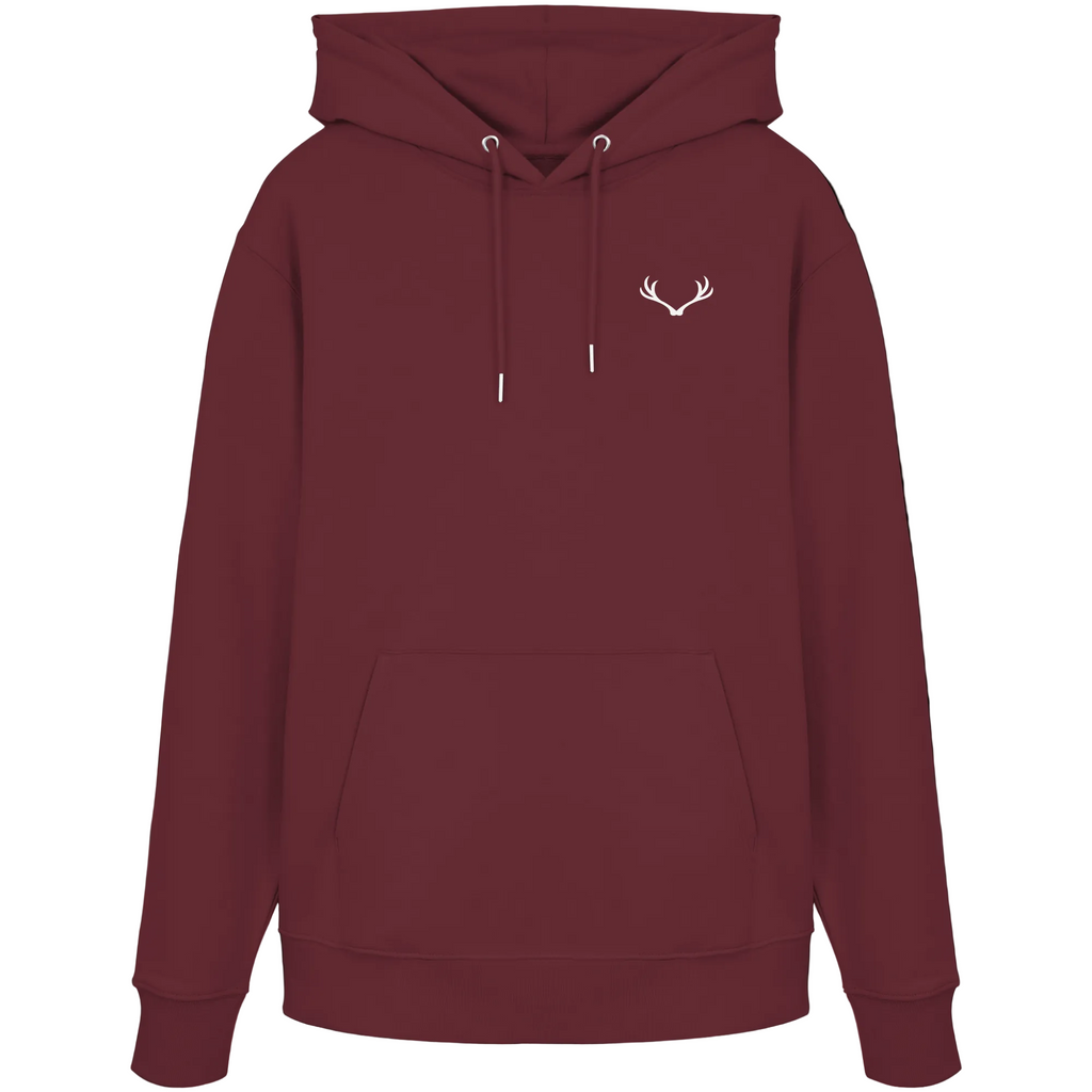 HeimatWald Bio Hoodie – 1000 Meter Weg in Burgund – Vorderansicht mit Geweih-Logo