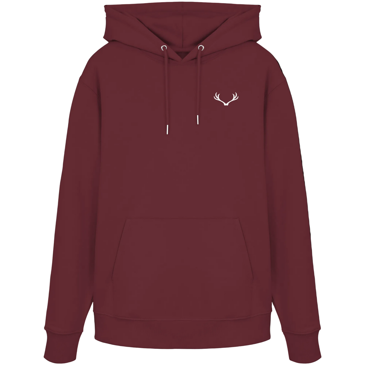 HeimatWald Bio Hoodie – 1000 Meter Weg in Burgund – Vorderansicht mit Geweih-Logo