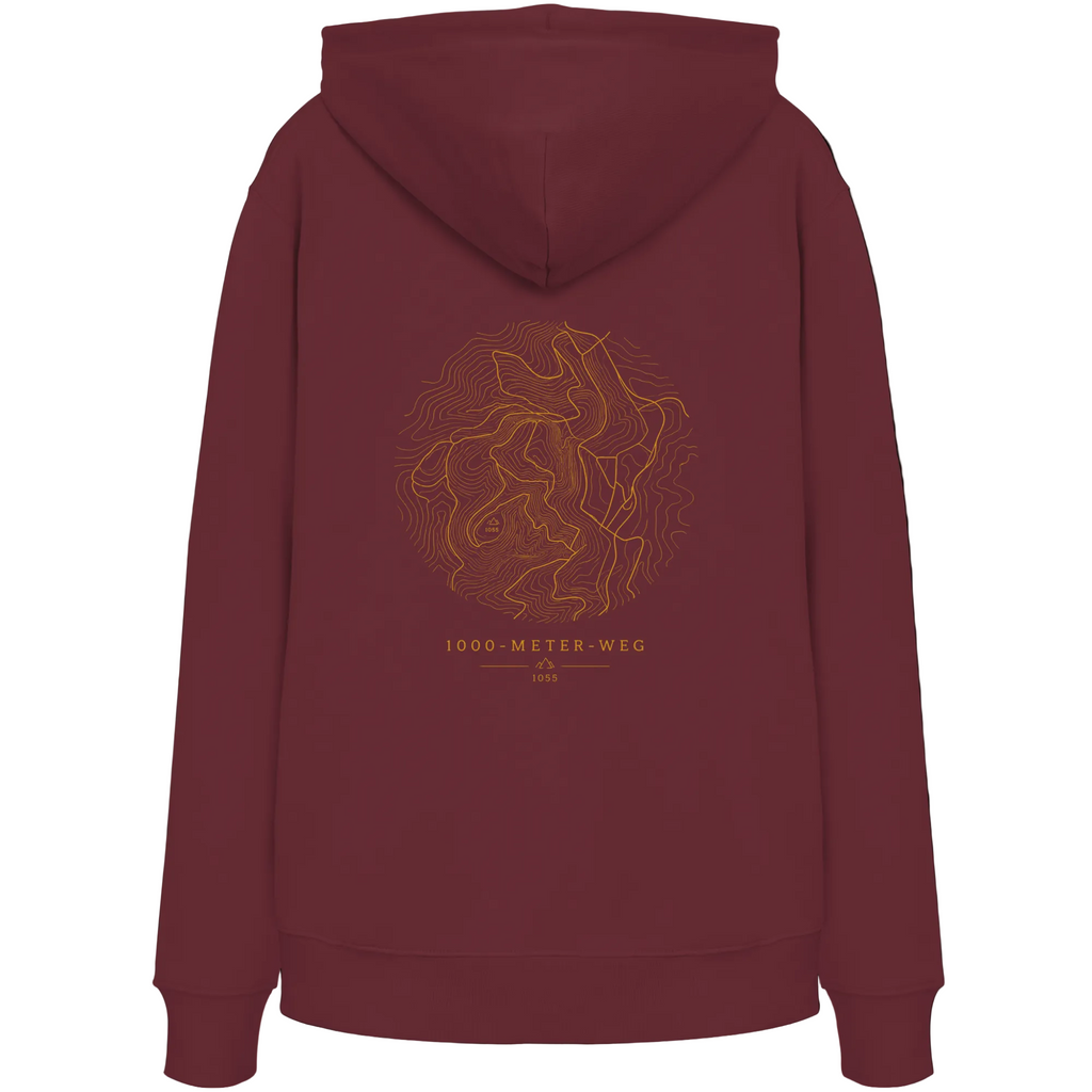 HeimatWald Bio Zip Hoodie – 1000 Meter Weg in Burgund – Rückansicht mit 1000-Meter-Weg-Motiv