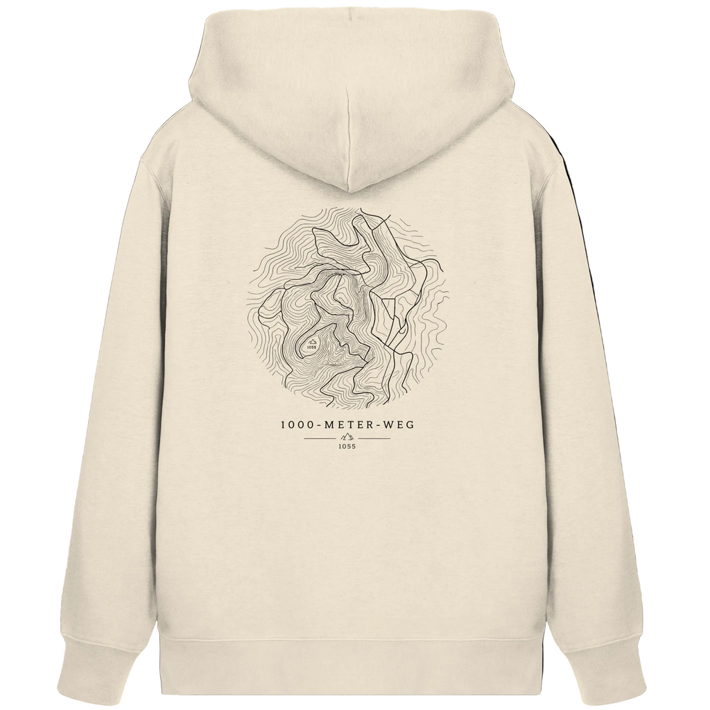 HeimatWald Bio Zip Hoodie – 1000 Meter Weg in Natural – Rückansicht mit 1000-Meter-Weg-Motiv