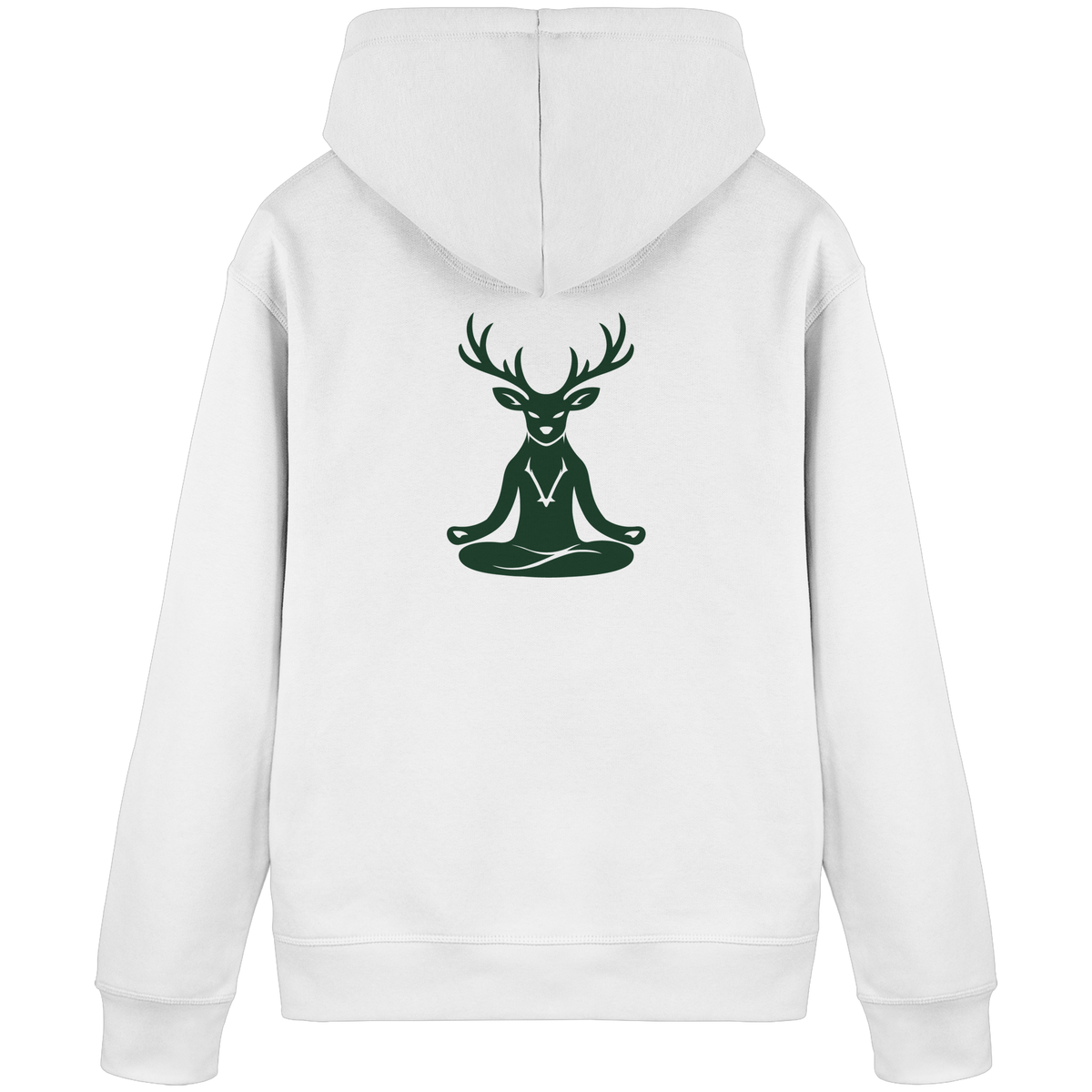 HeimatWald Bio Hoodie Yoga Hirsch in Weiß mit Yoga-Hirsch-Motiv – Produktansicht