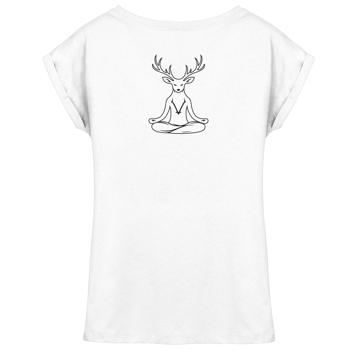 HeimatWald Damen T Shirt Flow Fit in Weiß mit Yoga-Hirsch-Outline-Motiv – Produktansicht