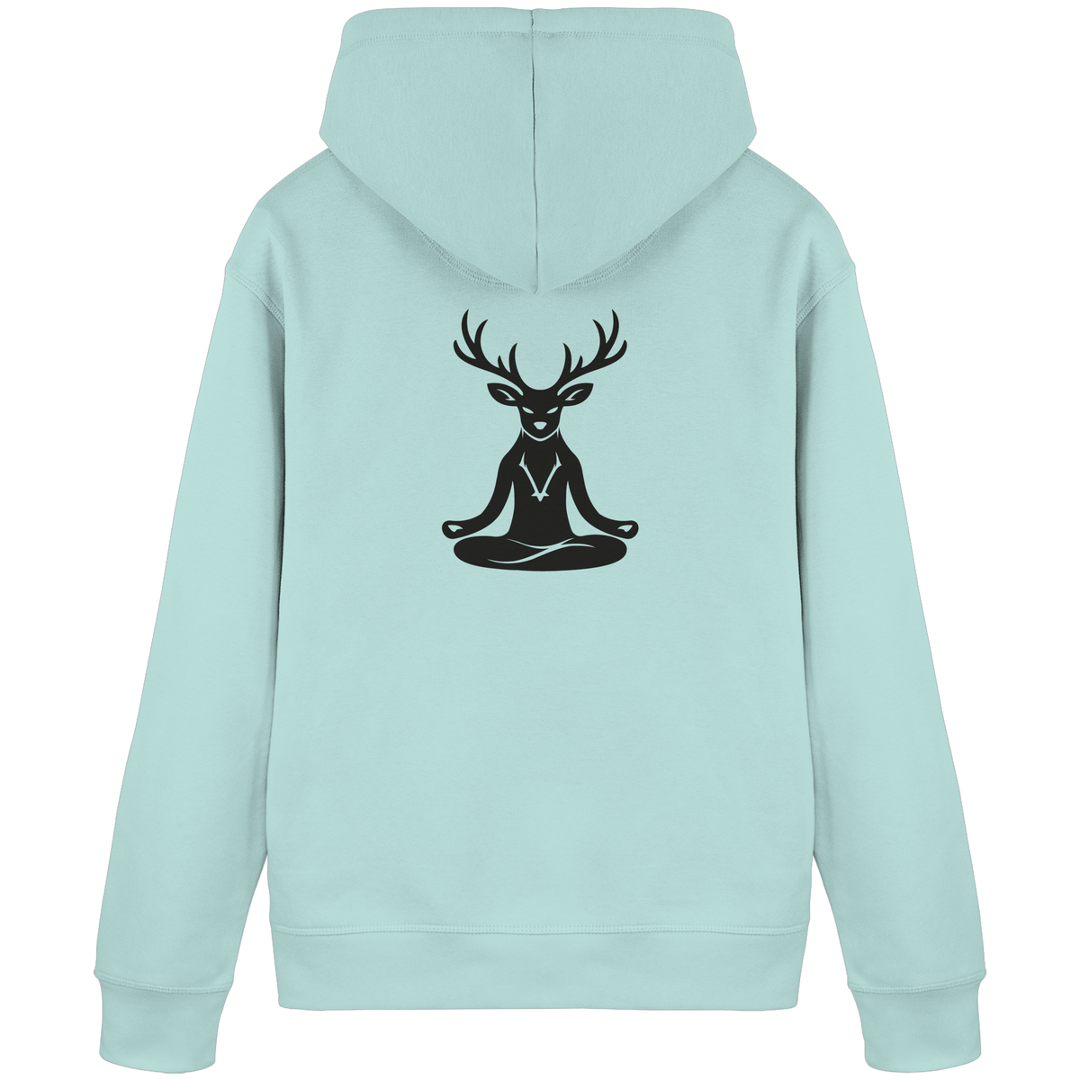 HeimatWald Bio Hoodie Yoga Hirsch in Caribbean Blue – Rückansicht mit Yoga-Hirsch-Motiv