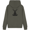 HeimatWald Bio Hoodie Yoga Hirsch in Khaki – Rückansicht mit Yoga-Hirsch-Motiv