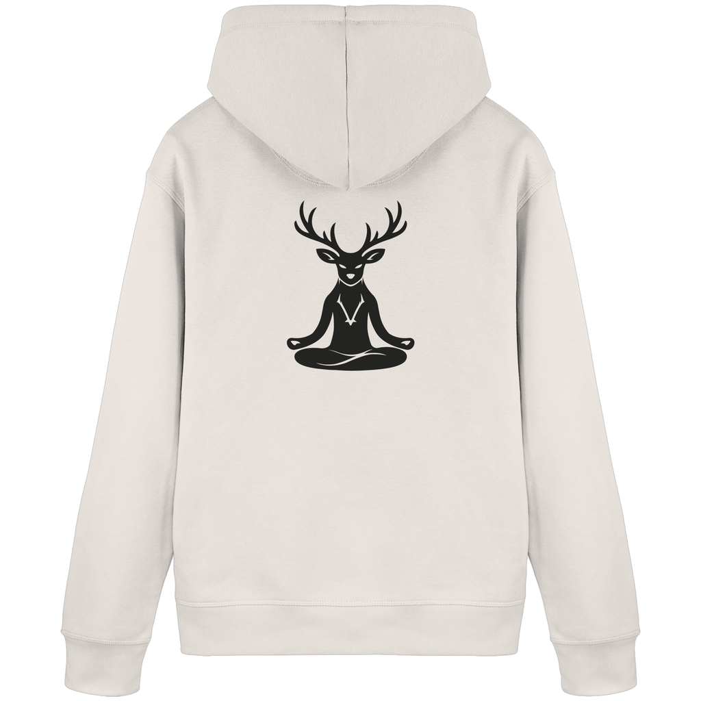 HeimatWald Bio Hoodie Yoga Hirsch in Vintage White – Rückansicht mit Yoga-Hirsch-Motiv