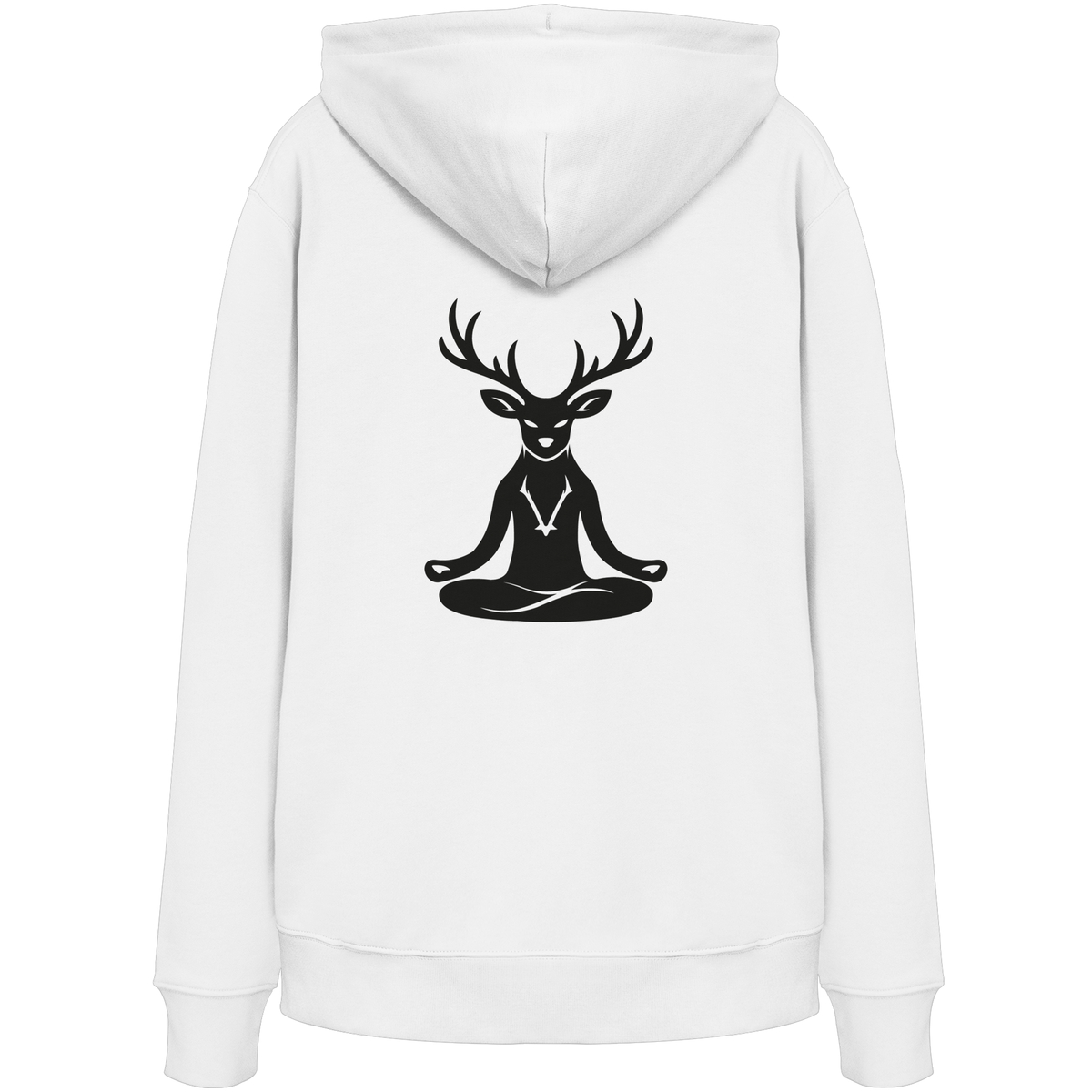 HeimatWald Bio Hoodie Yoga Hirsch in Weiß – Rückansicht mit Yoga-Hirsch-Motiv