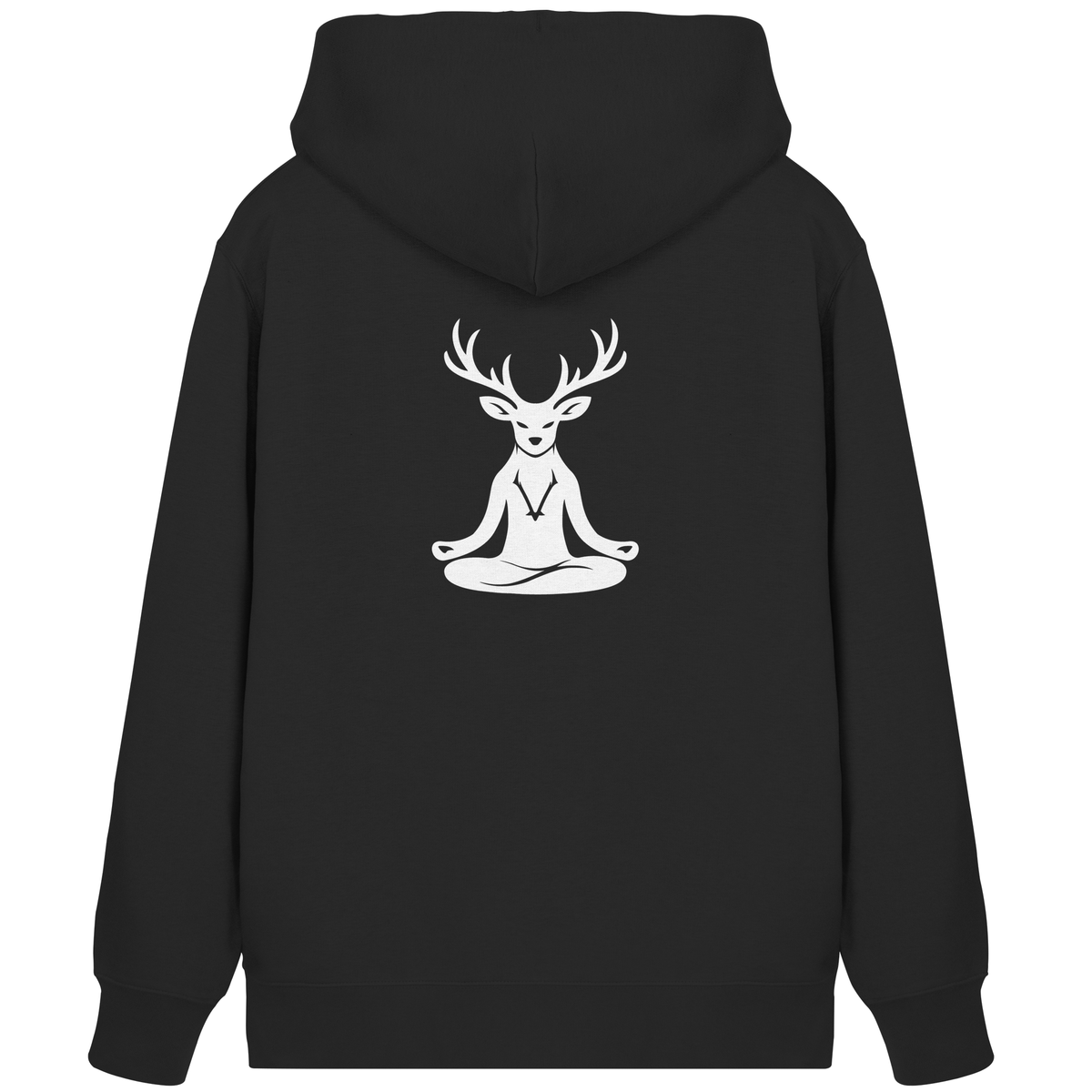 HeimatWald Bio Zip Hoodie Yoga Hirsch in Schwarz – Rückansicht mit Yoga-Hirsch-Motiv
