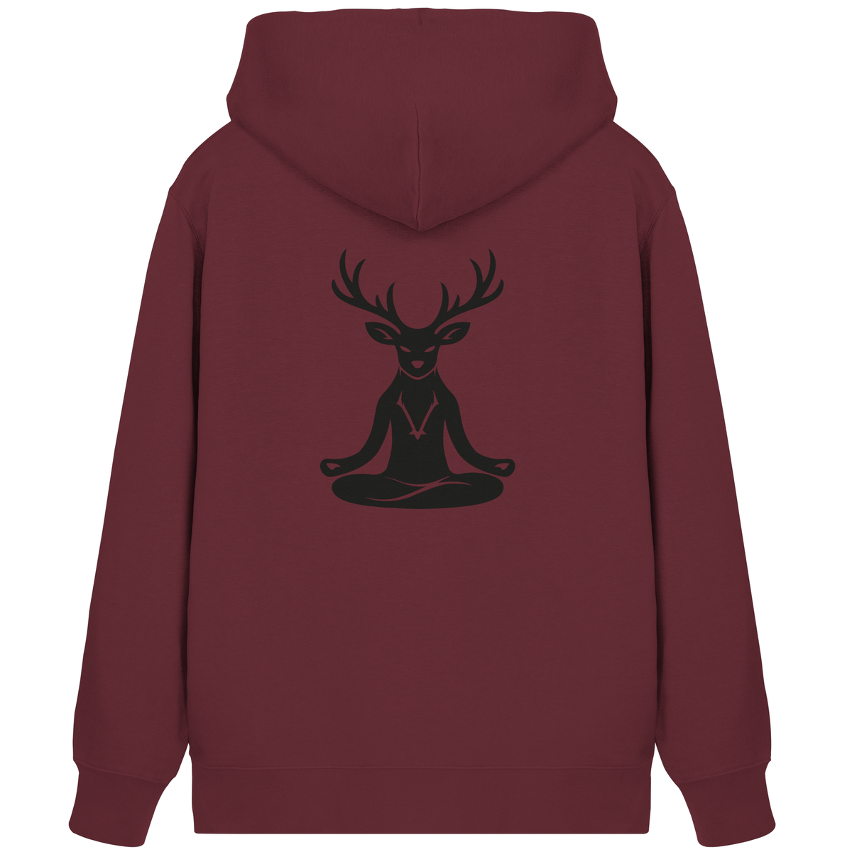 HeimatWald Bio Zip Hoodie Yoga Hirsch in Burgund – Rückansicht mit Yoga-Hirsch-Motiv
