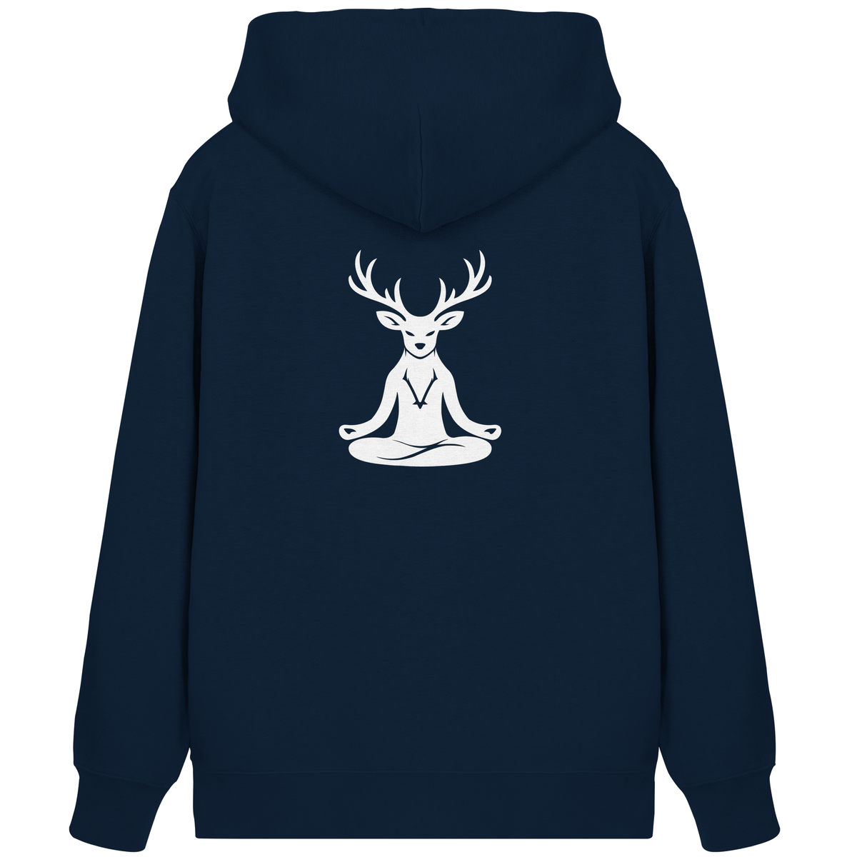 HeimatWald Bio Zip Hoodie Yoga Hirsch in French Navy – Rückansicht mit Yoga-Hirsch-Motiv
