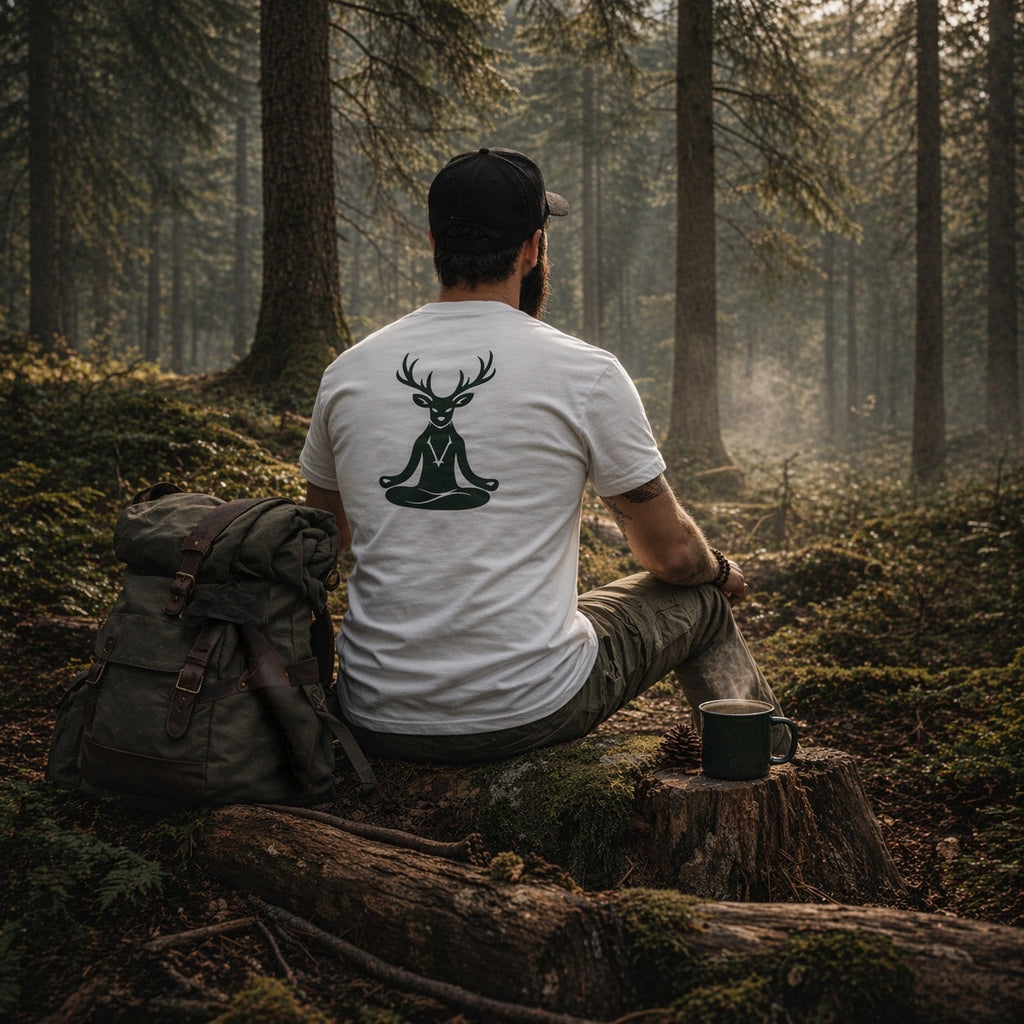 HeimatWald Bio T Shirt Yoga Hirsch – Lifestyle-Aufnahme eines sitzenden Mannes