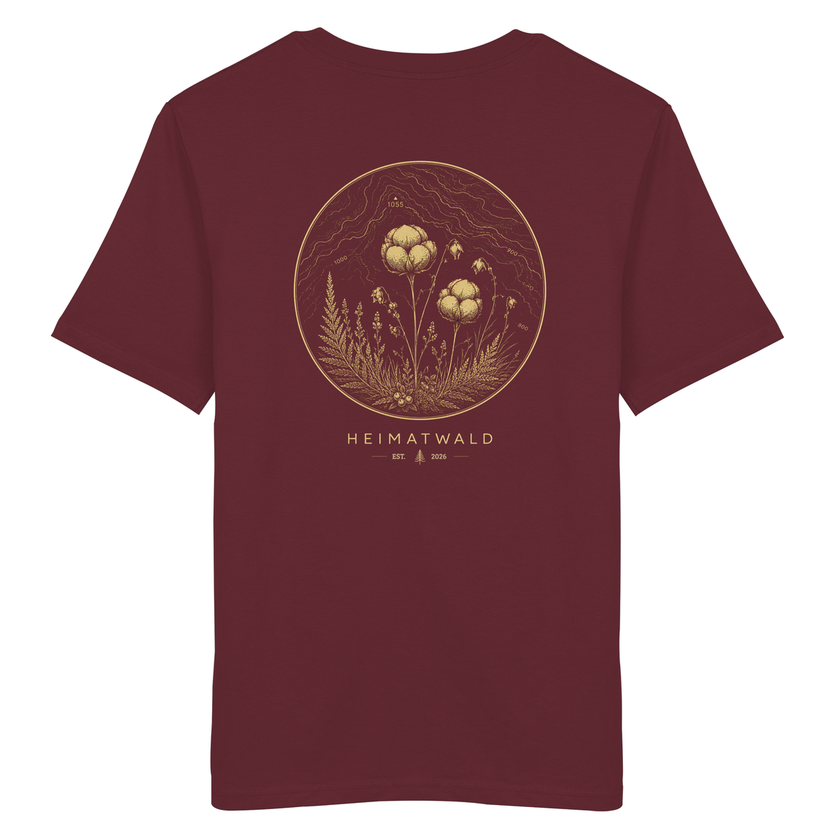 HeimatWald Bio Shirt Wollgras in Burgund mit Wollgras-Motiv – Produktansicht