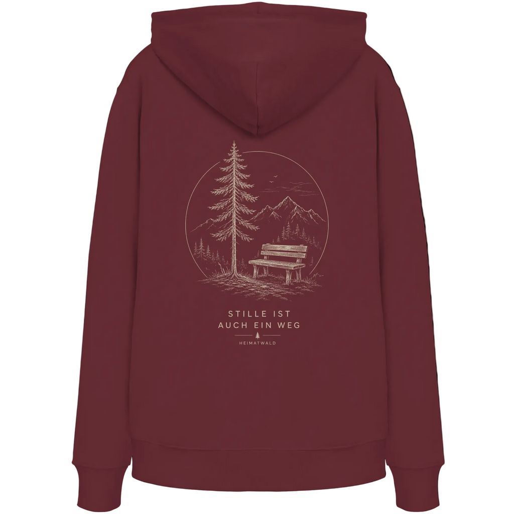 HeimatWald Bio Hoodie – Stille in Burgund – Rückansicht mit Stille-Motiv
