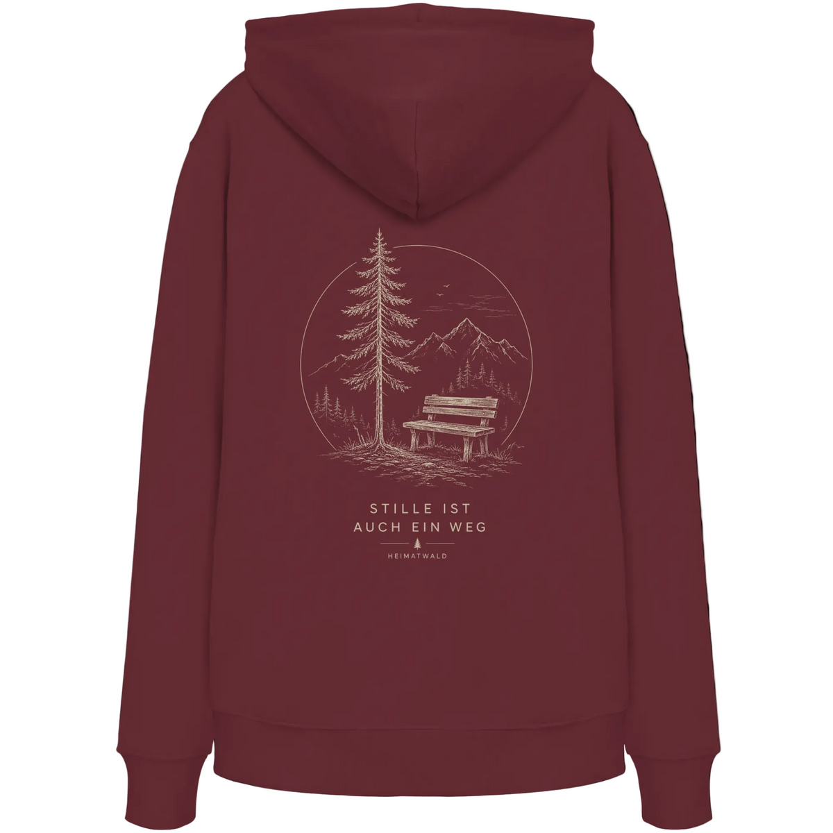 HeimatWald Bio Hoodie – Stille in Burgund – Rückansicht mit Stille-Motiv
