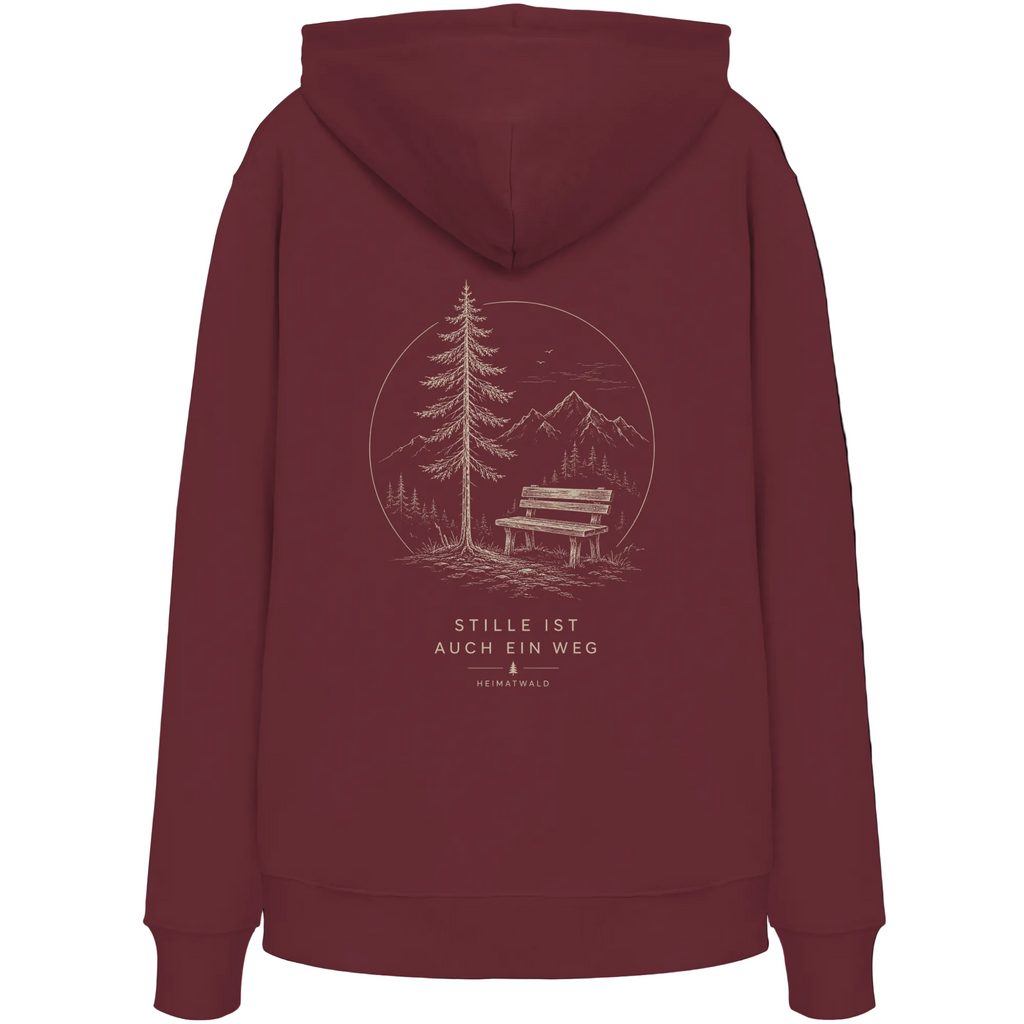 HeimatWald Bio Zip Hoodie – Stille in Burgund – Rückansicht mit Stille-Motiv