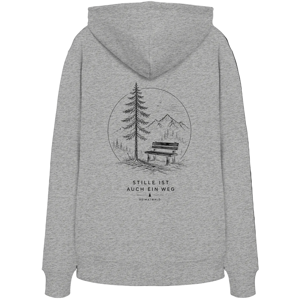HeimatWald Bio Hoodie – Stille in Grau – Rückansicht mit Stille-Motiv