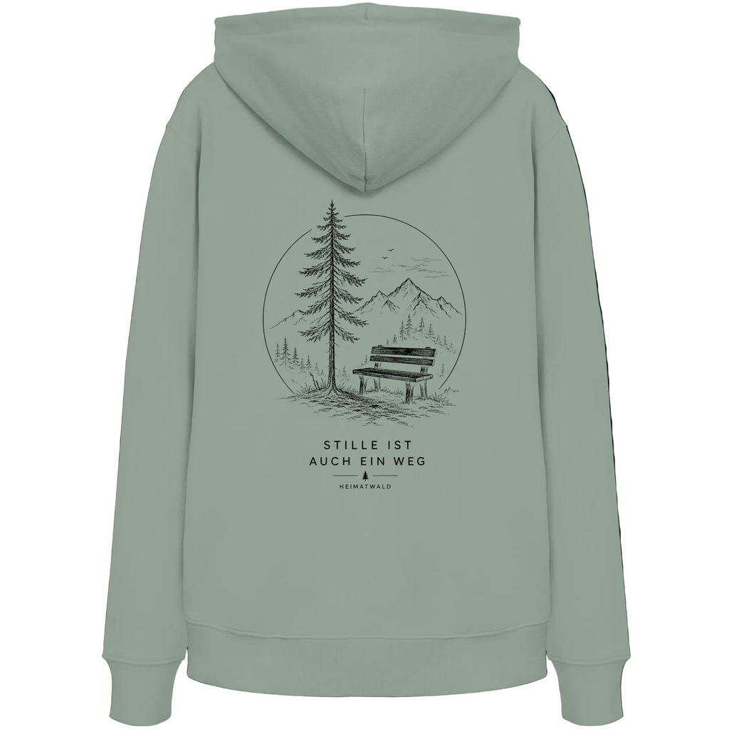 HeimatWald Bio Hoodie – Stille in Aloe – Rückansicht mit Stille-Motiv