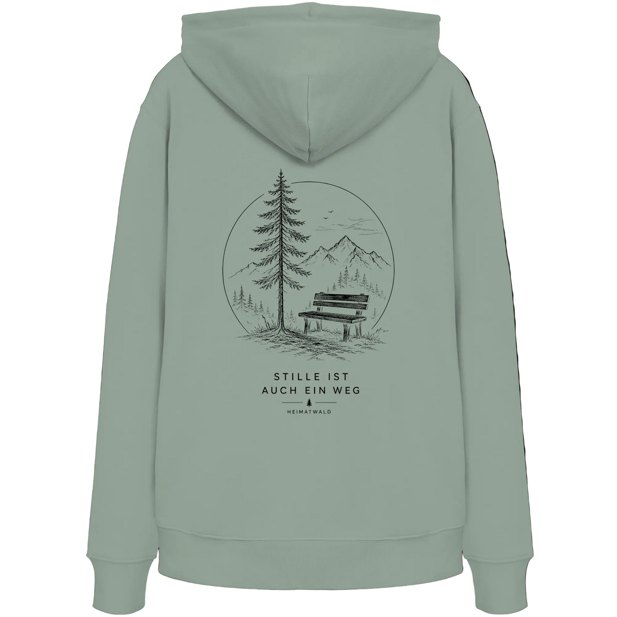 HeimatWald Bio Hoodie – Stille in Aloe – Rückansicht mit Stille-Motiv