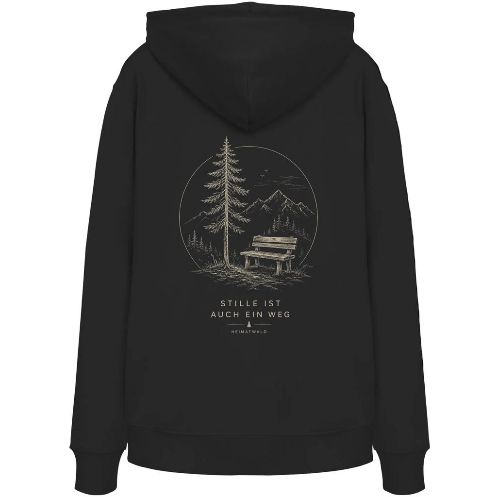 HeimatWald Bio Zip Hoodie – Stille in Schwarz – Rückansicht mit Stille-Motiv