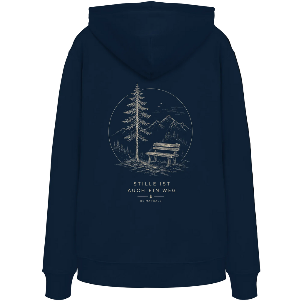 HeimatWald Bio Zip Hoodie – Stille in French Navy – Rückansicht mit Stille-Motiv