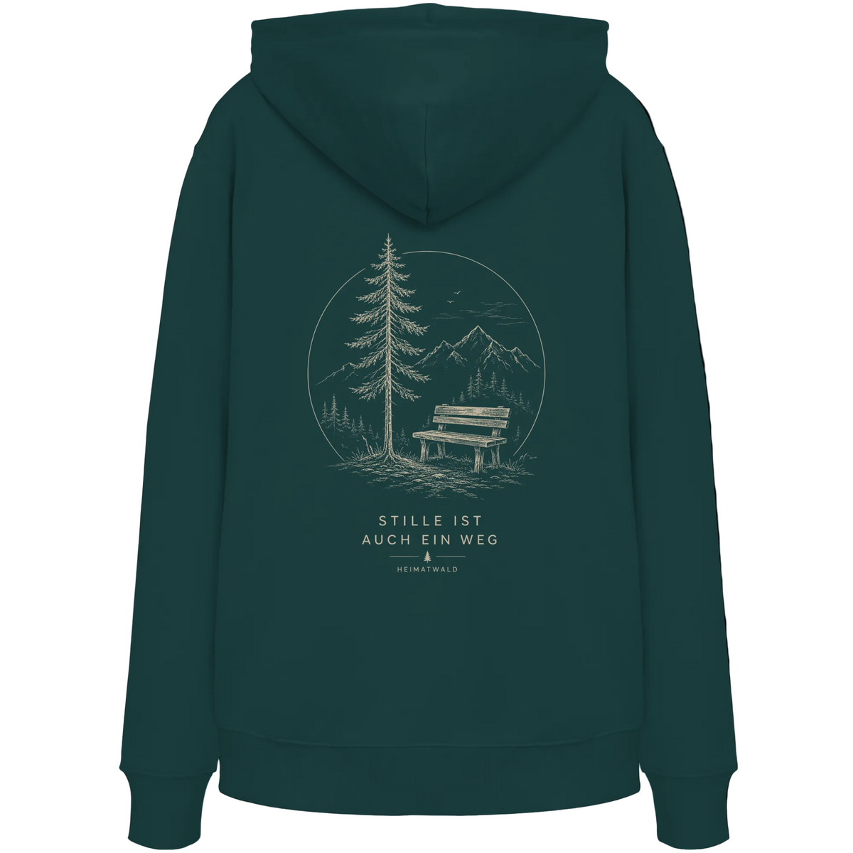 HeimatWald Bio Hoodie – Stille in Glazed Green – Rückansicht mit Stille-Motiv
