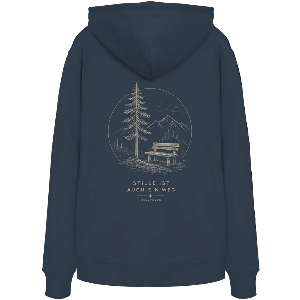 HeimatWald Bio Hoodie – Stille in India Ink Grey – Rückansicht mit Stille-Motiv
