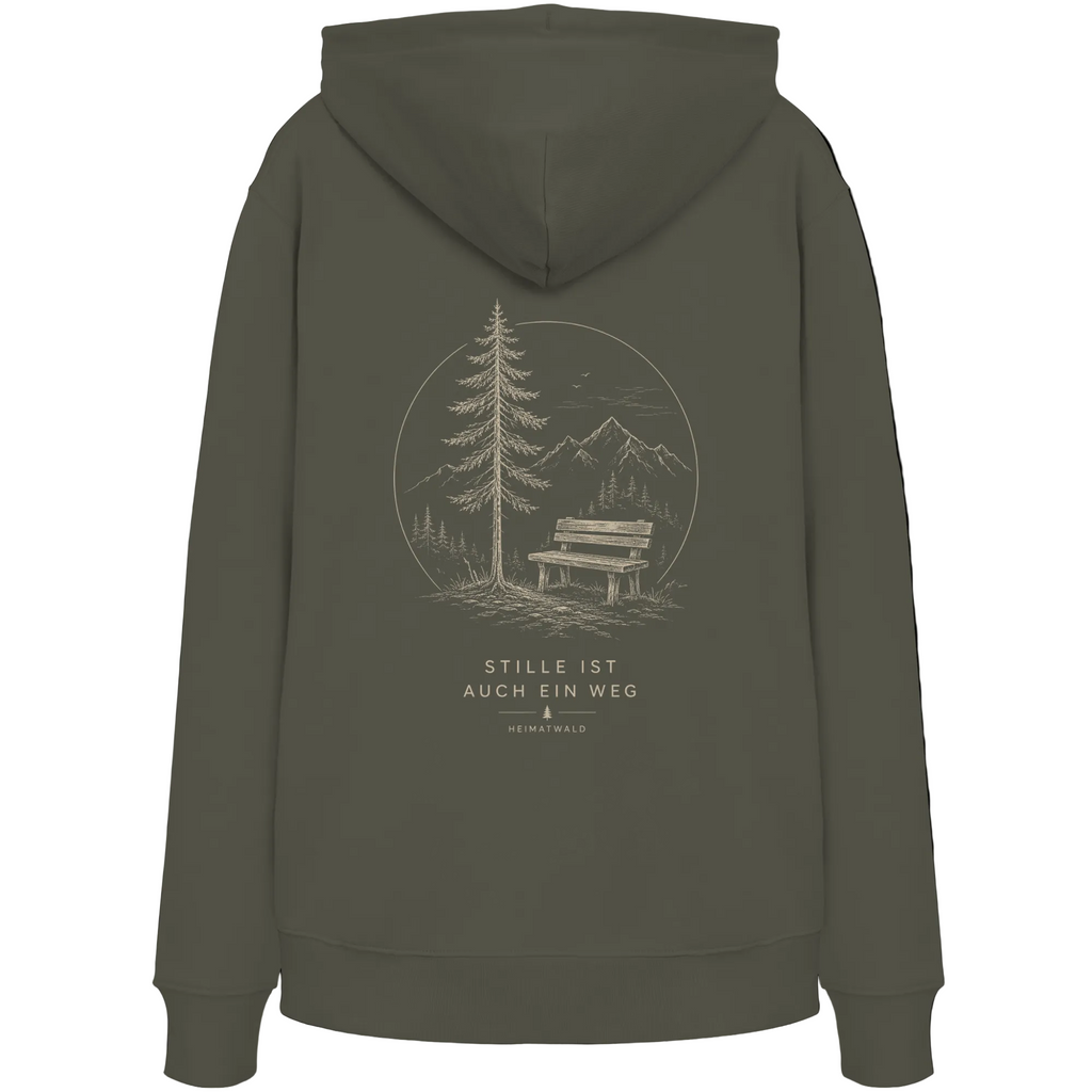 HeimatWald Bio Hoodie – Stille in Khaki – Rückansicht mit Stille-Motiv