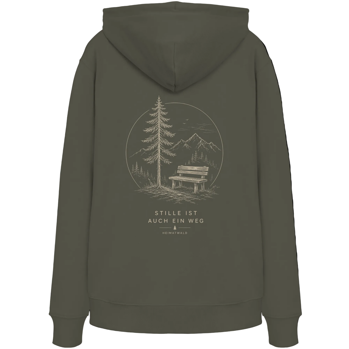 HeimatWald Bio Hoodie – Stille in Khaki – Rückansicht mit Stille-Motiv