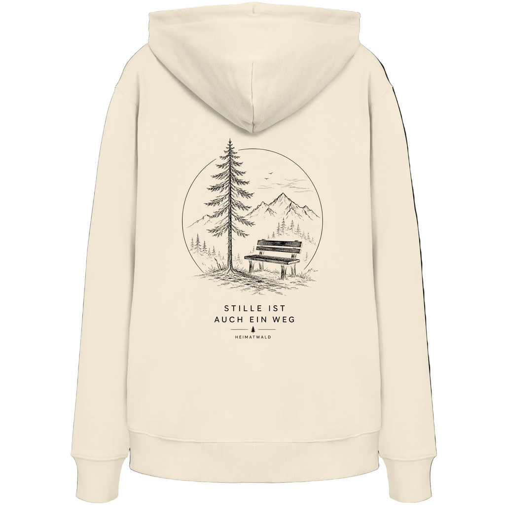 HeimatWald Bio Hoodie – Stille in Natural – Rückansicht mit Stille-Motiv