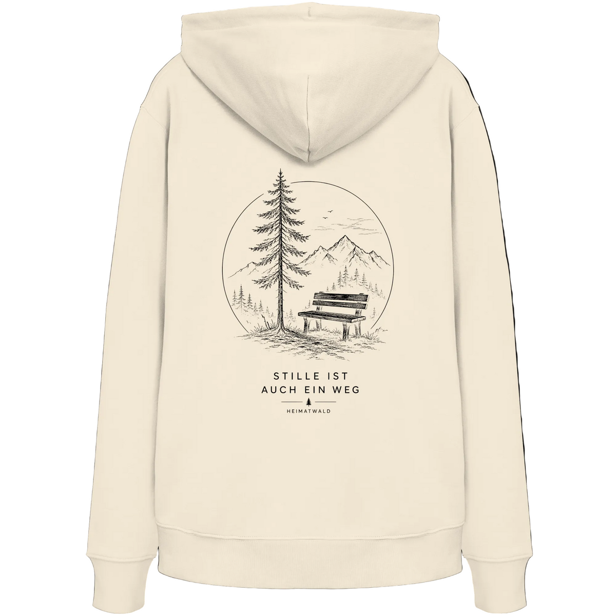 HeimatWald Bio Hoodie – Stille in Natural – Rückansicht mit Stille-Motiv