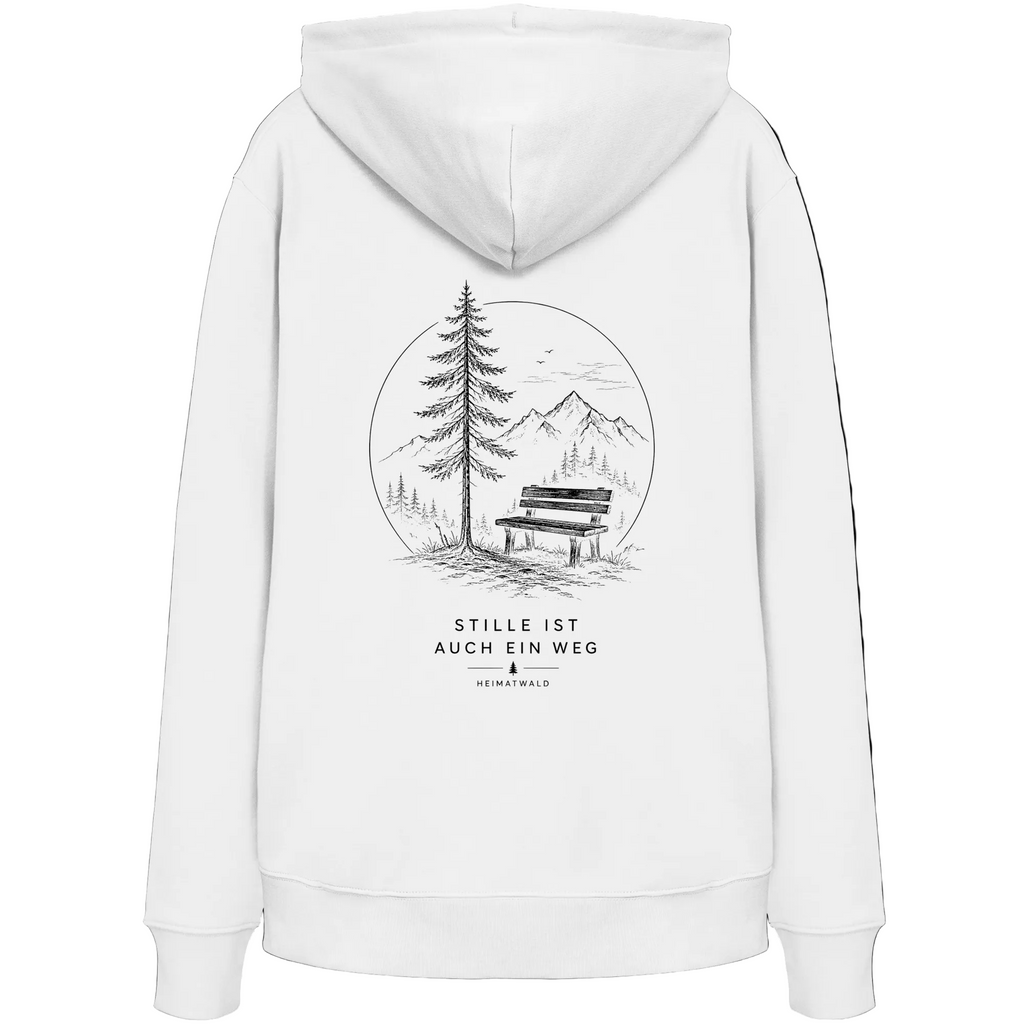 HeimatWald Bio Zip Hoodie – Stille in Weiß – Rückansicht mit Stille-Motiv