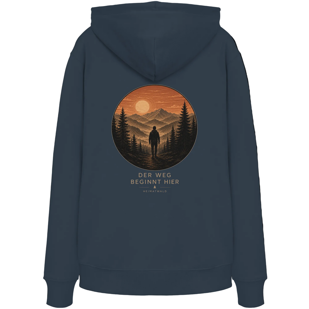 HeimatWald Bio Hoodie – Sunrise in India Ink Grey – Rückansicht mit Sunrise-Motiv