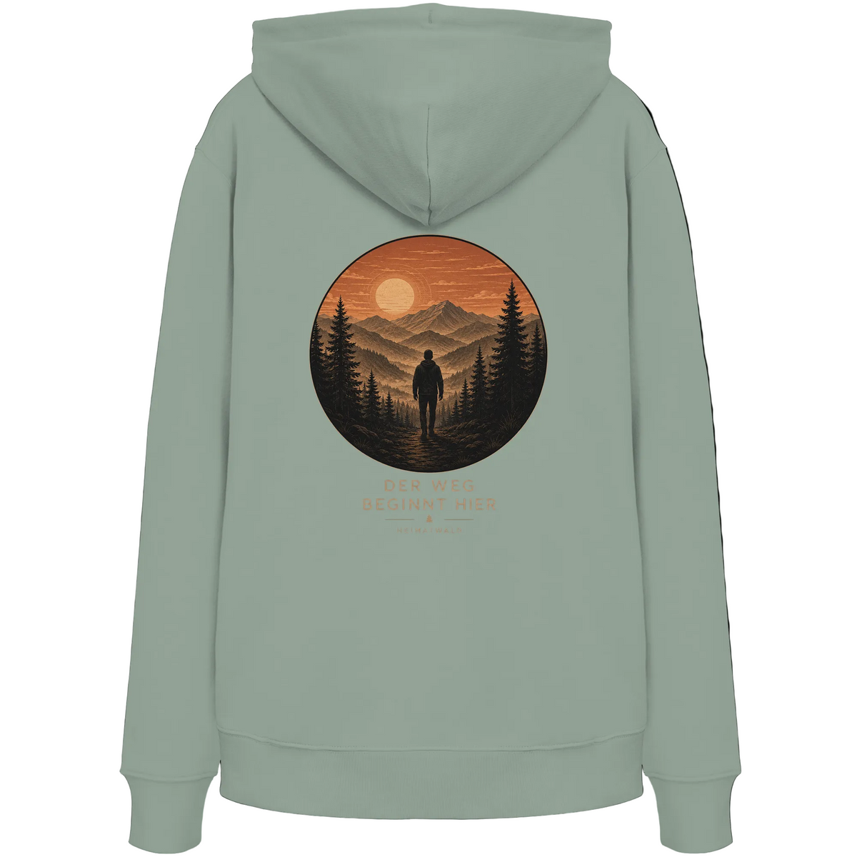 HeimatWald Bio Hoodie – Sunrise in Aloe – Rückansicht mit Sunrise-Motiv