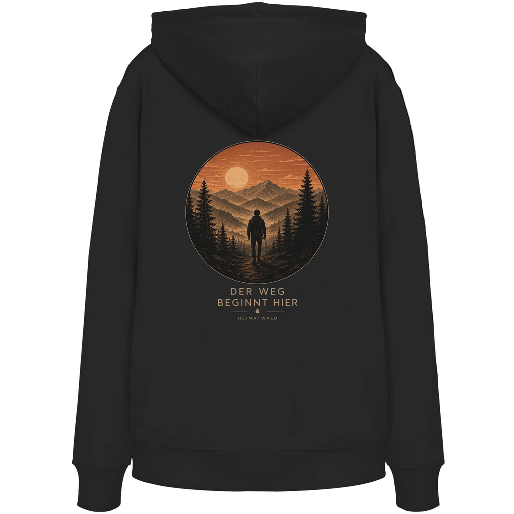 HeimatWald Bio Zip Hoodie – Sunrise in Schwarz – Rückansicht mit Sunrise-Motiv