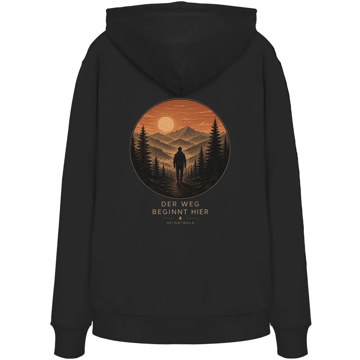 HeimatWald Bio Hoodie – Sunrise in Schwarz – Rückansicht mit Sunrise-Motiv