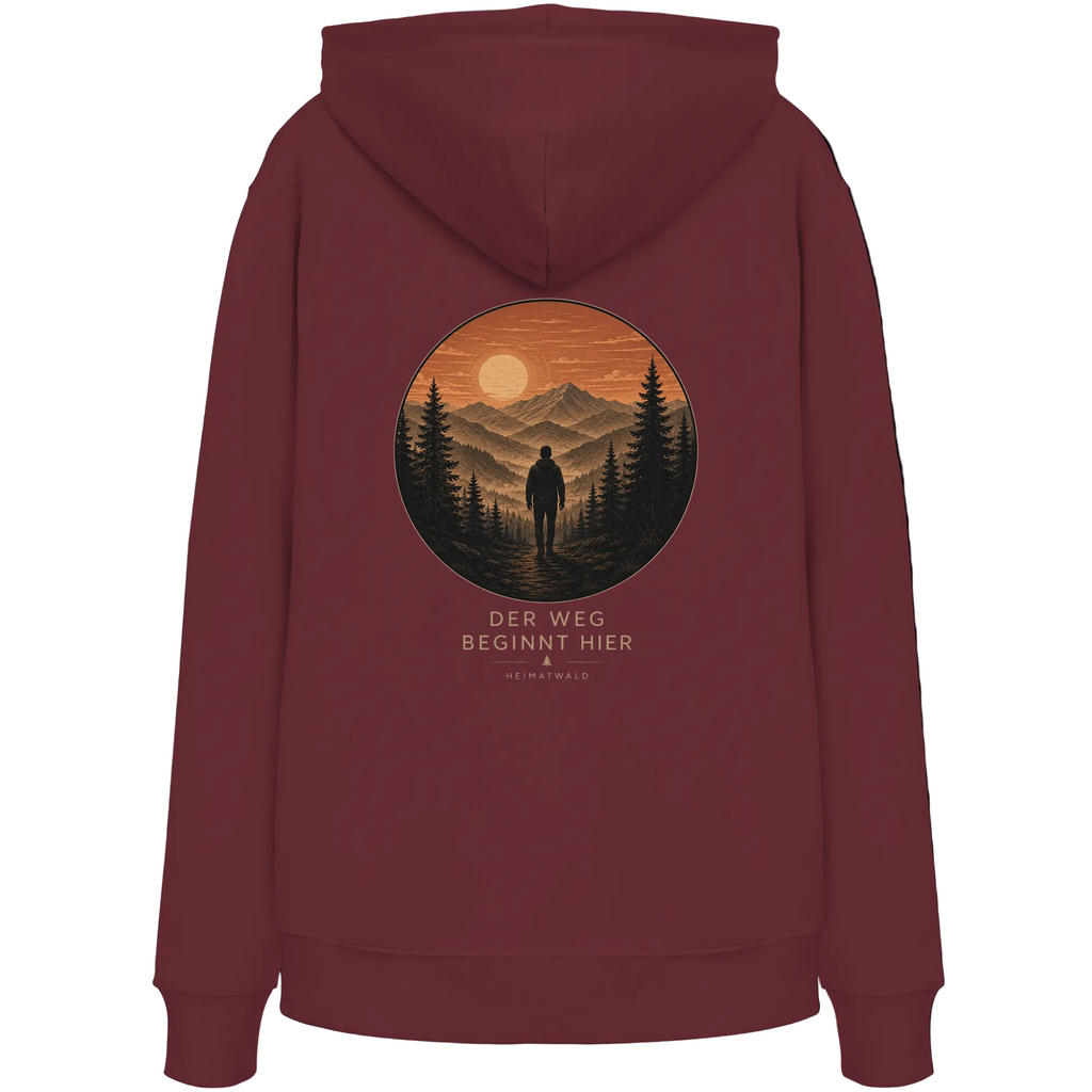 HeimatWald Bio Zip Hoodie – Sunrise in Burgund – Rückansicht mit Sunrise-Motiv