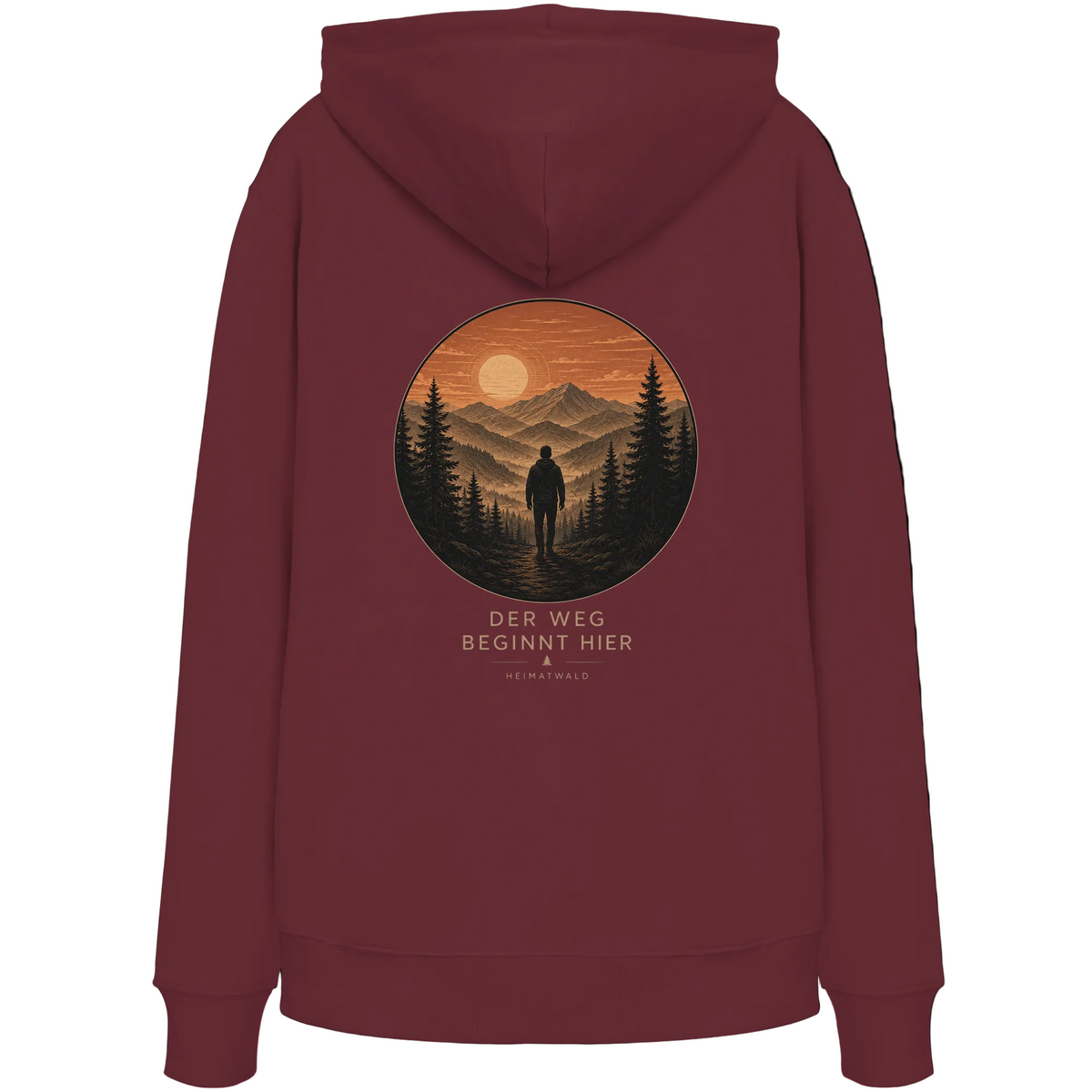HeimatWald Bio Zip Hoodie – Sunrise in Burgund – Rückansicht mit Sunrise-Motiv