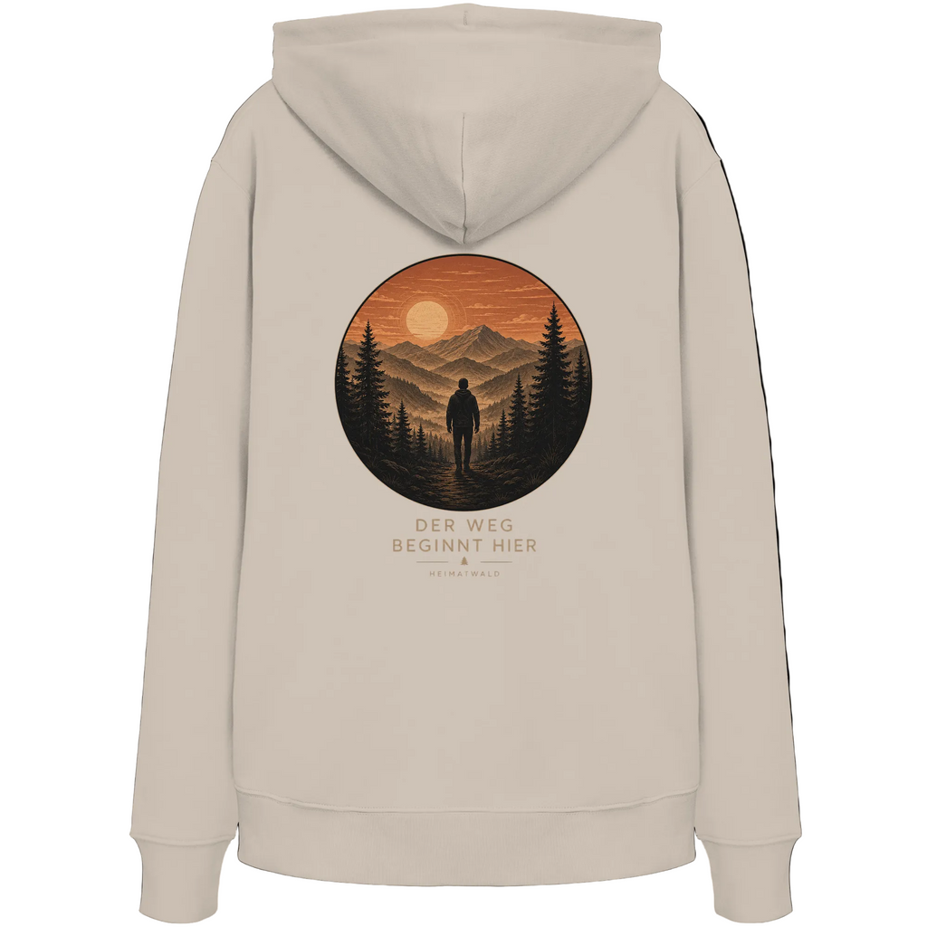 HeimatWald Bio Hoodie – Sunrise in Desert Dust – Rückansicht mit Sunrise-Motiv